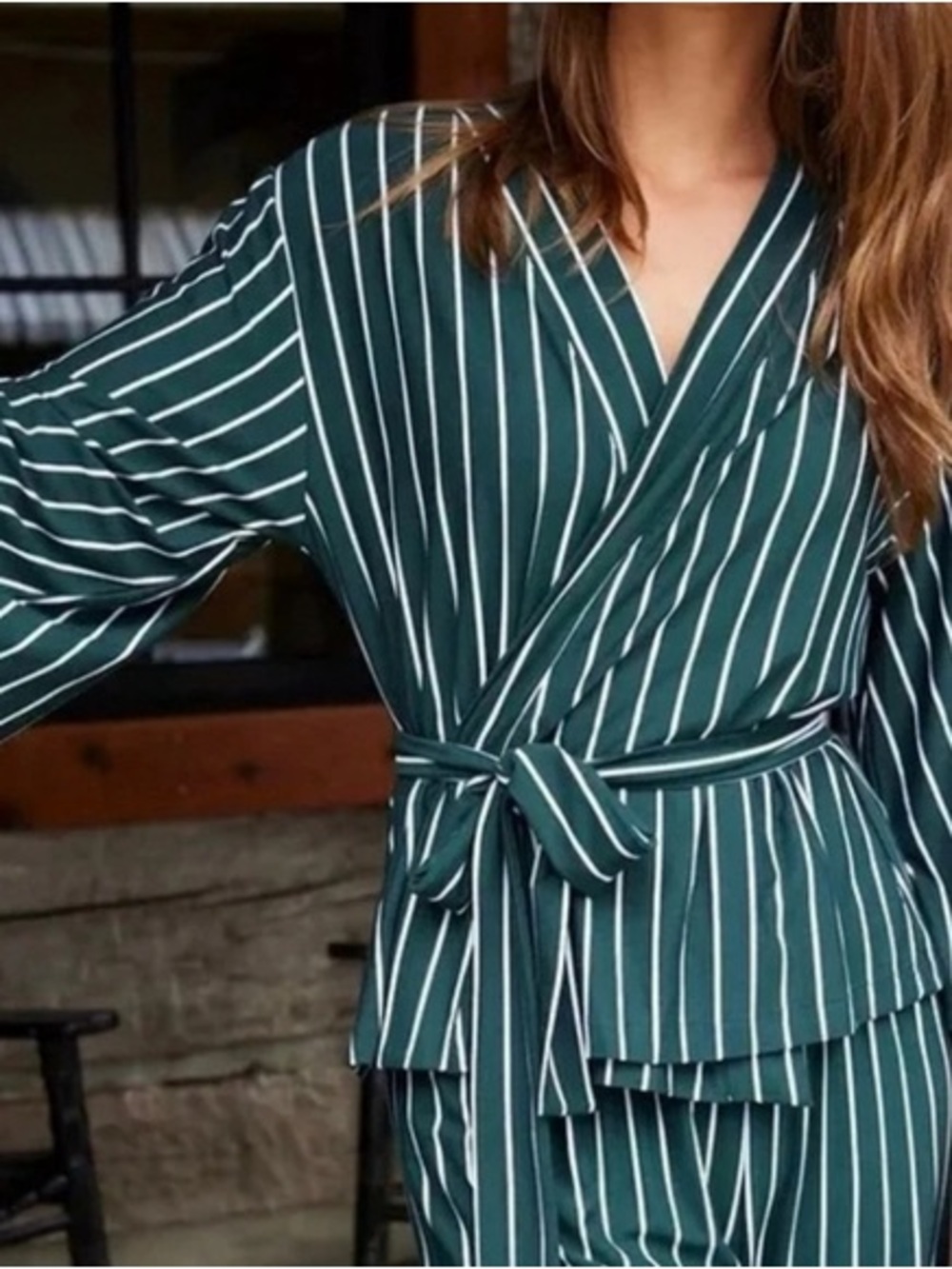 LAKE DreamModal™ kimono pajama set Striped Forest Green Wrap - size M